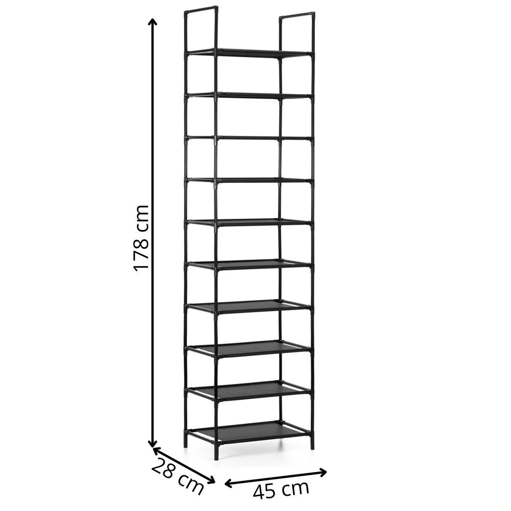 Raft pantofi inalt cu 10 polite, structura metalica si rafturi textile, 45x28x178 cm, negru