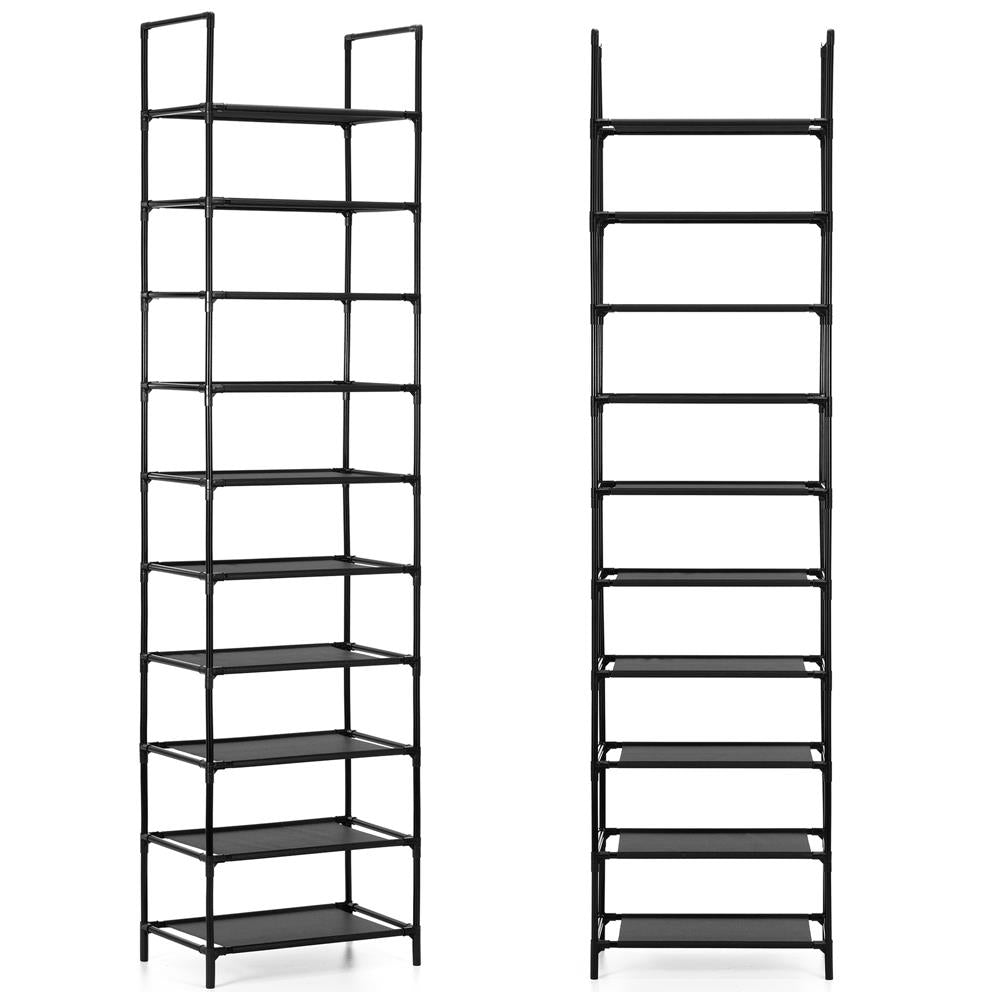 Raft pantofi inalt cu 10 polite, structura metalica si rafturi textile, 45x28x178 cm, negru