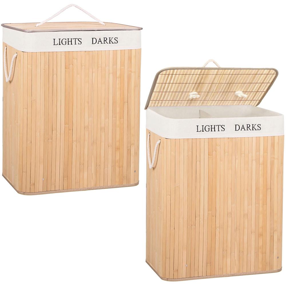 Cos de rufe cu capac si 2 compartimente, sac textil detasabil, 105 litri, 52x33x63 cm, bambus natural