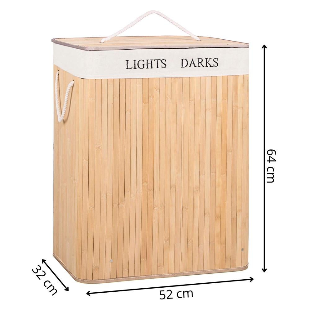 Cos de rufe cu capac si 2 compartimente, sac textil detasabil, 105 litri, 52x33x63 cm, bambus natural