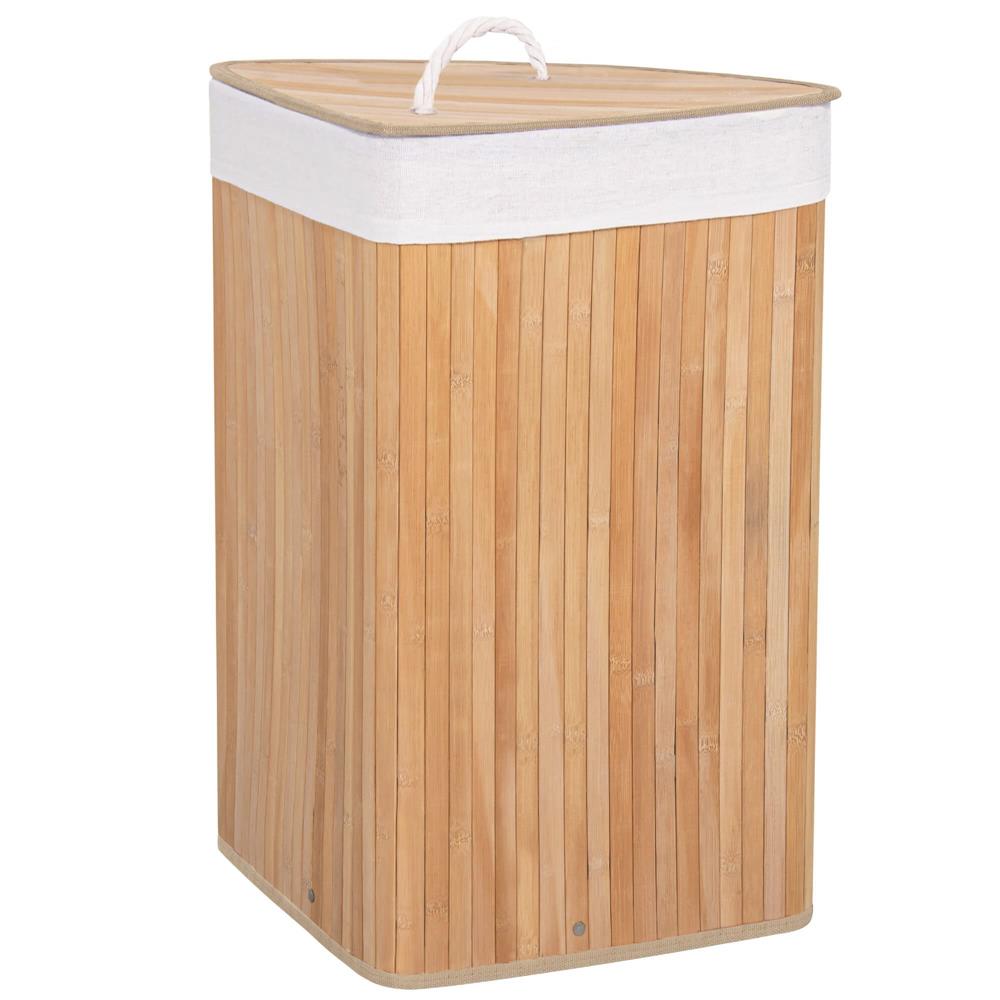 Cos de rufe triunghiular pentru colt cu capac, bambus si sac textil detasabil, 60 litri, 55x35x60 cm, maro natur