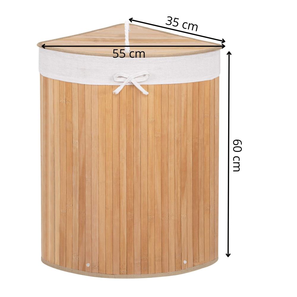 Cos de rufe triunghiular pentru colt cu capac, bambus si sac textil detasabil, 60 litri, 55x35x60 cm, maro natur
