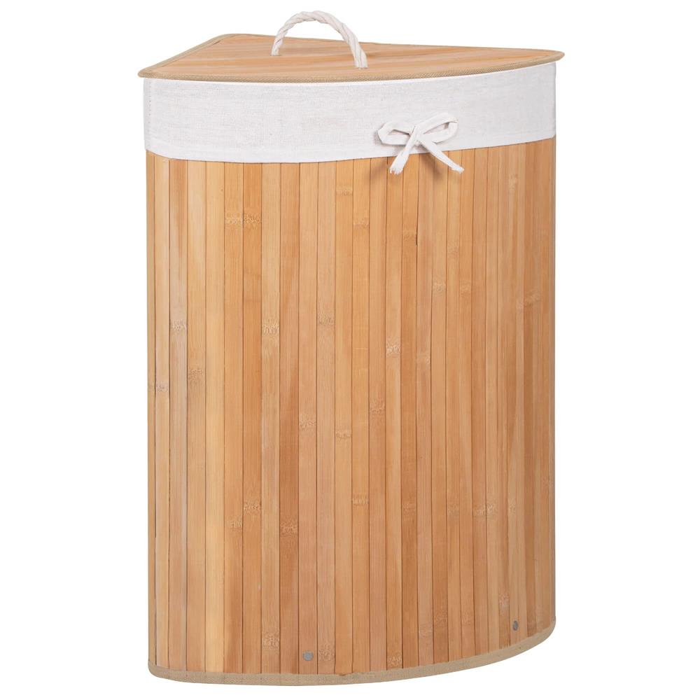 Cos de rufe triunghiular pentru colt cu capac, bambus si sac textil detasabil, 60 litri, 55x35x60 cm, maro natur