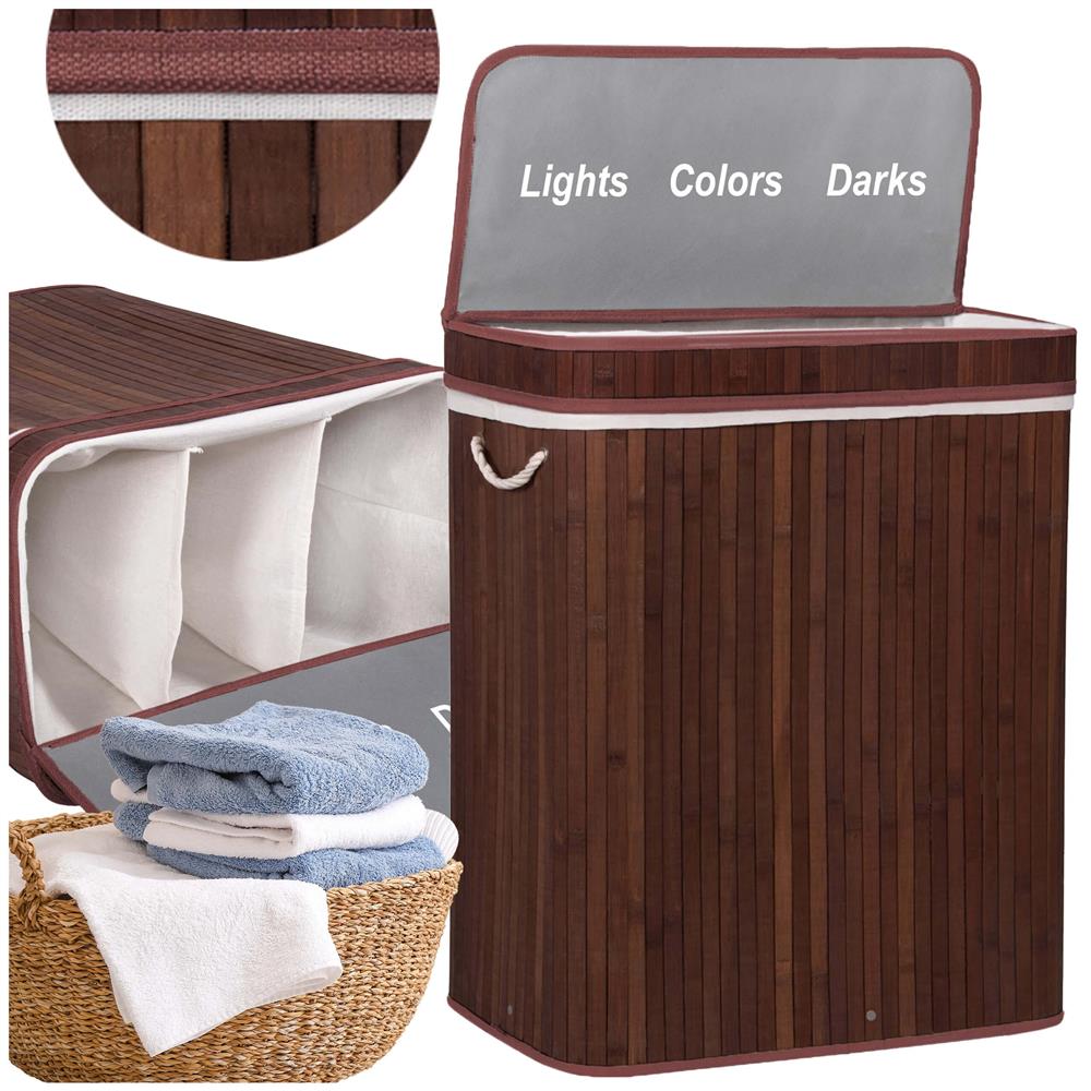 Cos de rufe cu capac si 3 compartimente, sac textil detasabil, 100 litri, 51x32x63 cm, maro