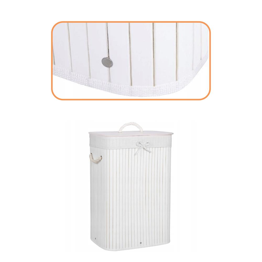 Cos de rufe cu capac, din bambus cu sac textil detasabil, 72 litri, 40x28x60 cm, alb