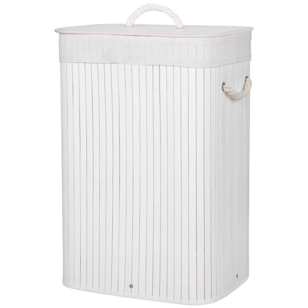 Cos de rufe cu capac, din bambus cu sac textil detasabil, 72 litri, 40x28x60 cm, alb