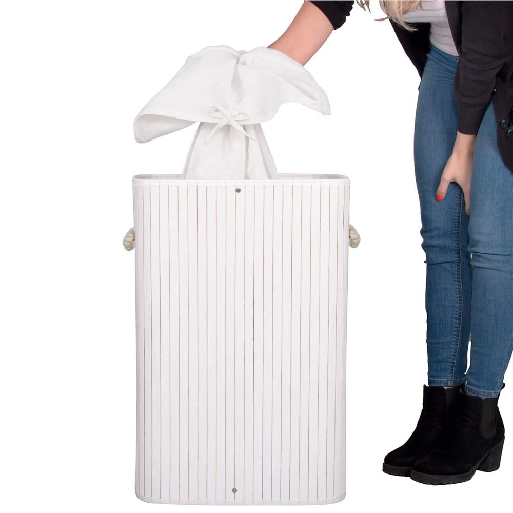 Cos de rufe cu capac, din bambus cu sac textil detasabil, 72 litri, 40x28x60 cm, alb