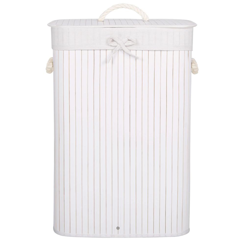 Cos de rufe cu capac, din bambus cu sac textil detasabil, 72 litri, 40x28x60 cm, alb