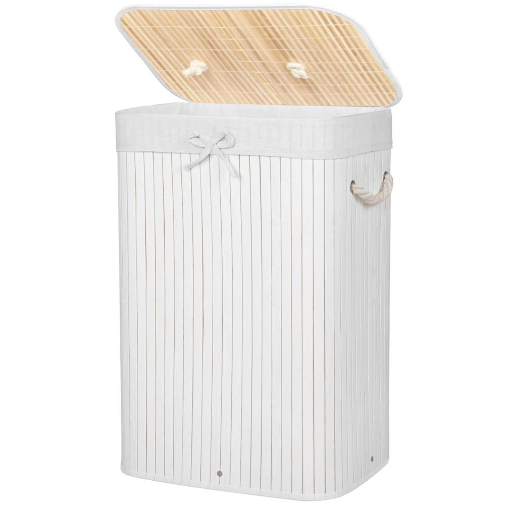 Cos de rufe cu capac, din bambus cu sac textil detasabil, 72 litri, 40x28x60 cm, alb