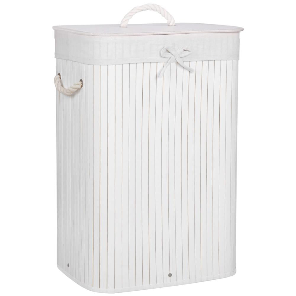 Cos de rufe cu capac, din bambus cu sac textil detasabil, 72 litri, 40x28x60 cm, alb