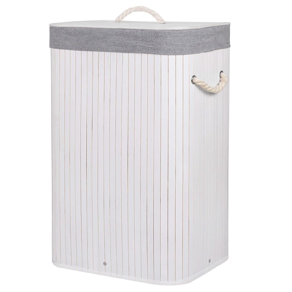 Cos de rufe cu capac, din bambus cu sac textil detasabil, 72 litri, 40x28x60 cm, alb si gri