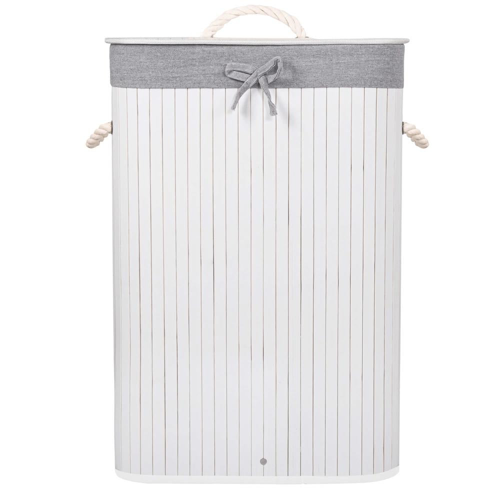 Cos de rufe cu capac, din bambus cu sac textil detasabil, 72 litri, 40x28x60 cm, alb si gri