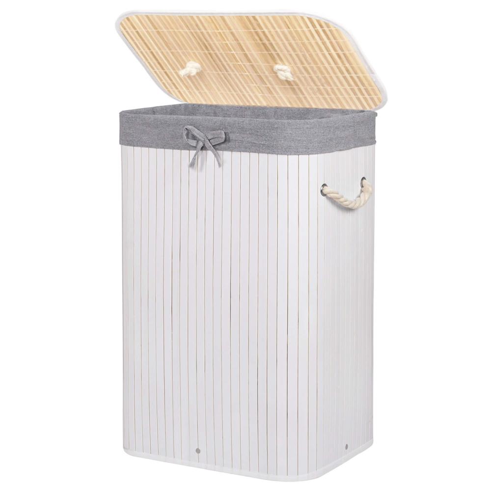 Cos de rufe cu capac, din bambus cu sac textil detasabil, 72 litri, 40x28x60 cm, alb si gri