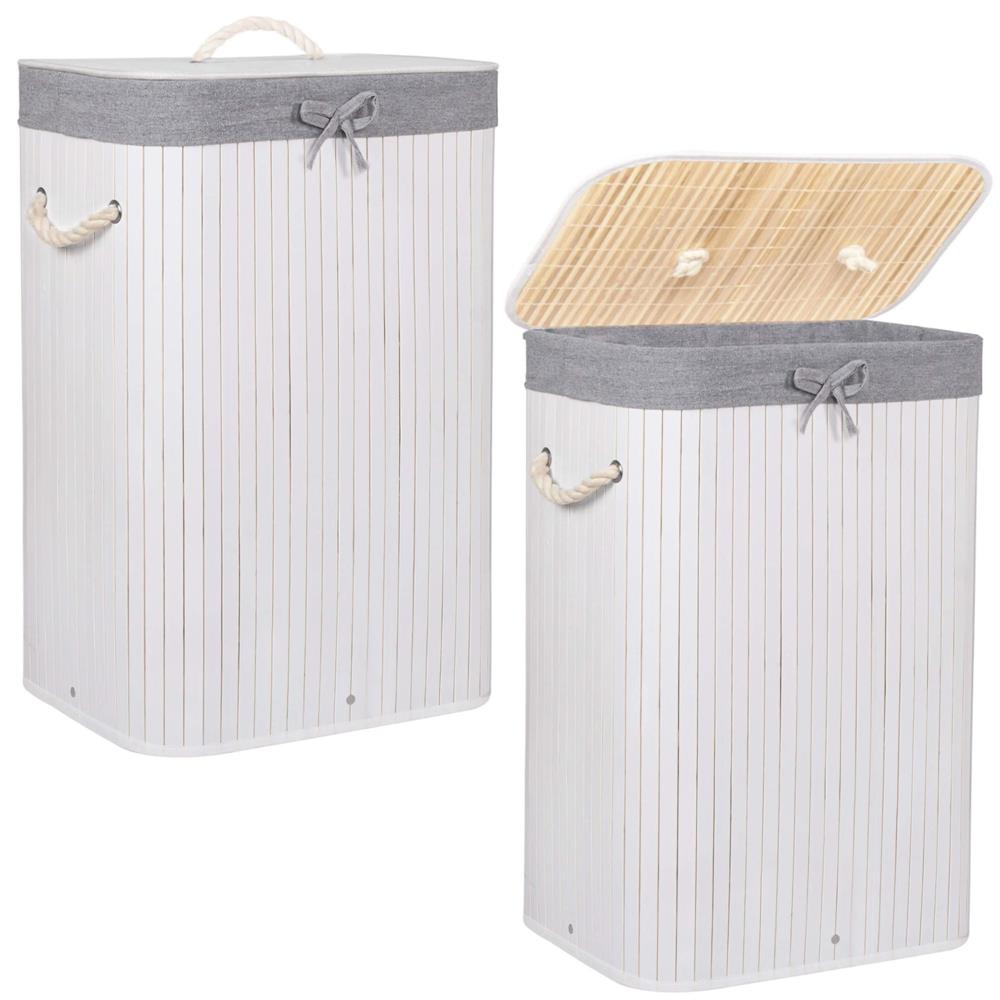 Cos de rufe cu capac, din bambus cu sac textil detasabil, 72 litri, 40x28x60 cm, alb si gri
