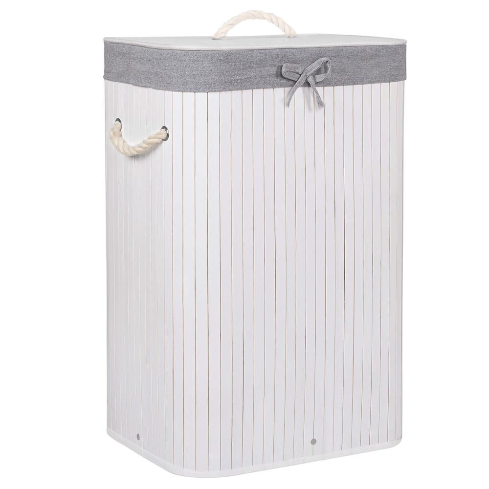 Cos de rufe cu capac, din bambus cu sac textil detasabil, 72 litri, 40x28x60 cm, alb si gri
