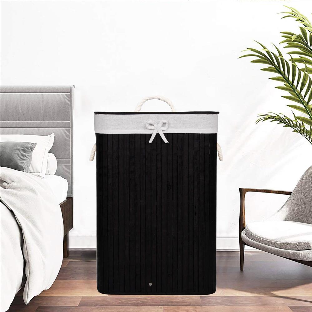 Cos de rufe cu capac, din bambus cu sac textil detasabil, 72 litri, 40x30x60 cm, negru