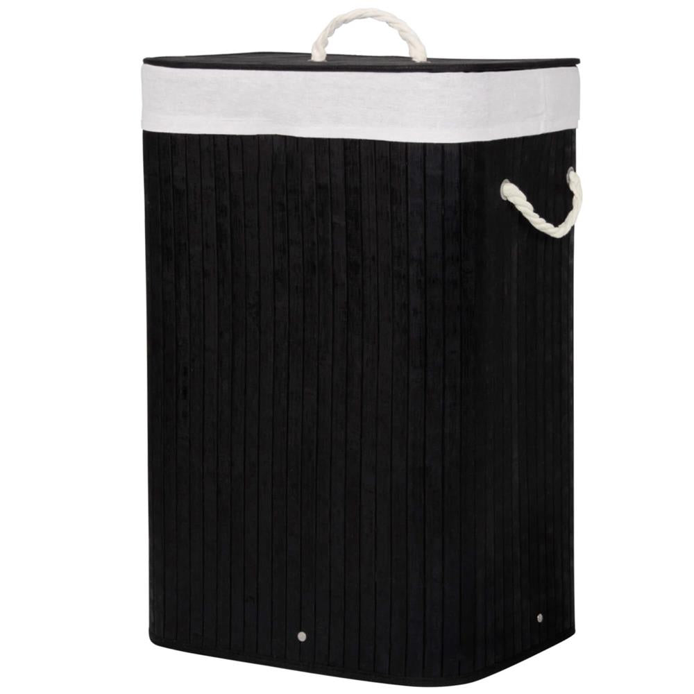 Cos de rufe cu capac, din bambus cu sac textil detasabil, 72 litri, 40x30x60 cm, negru