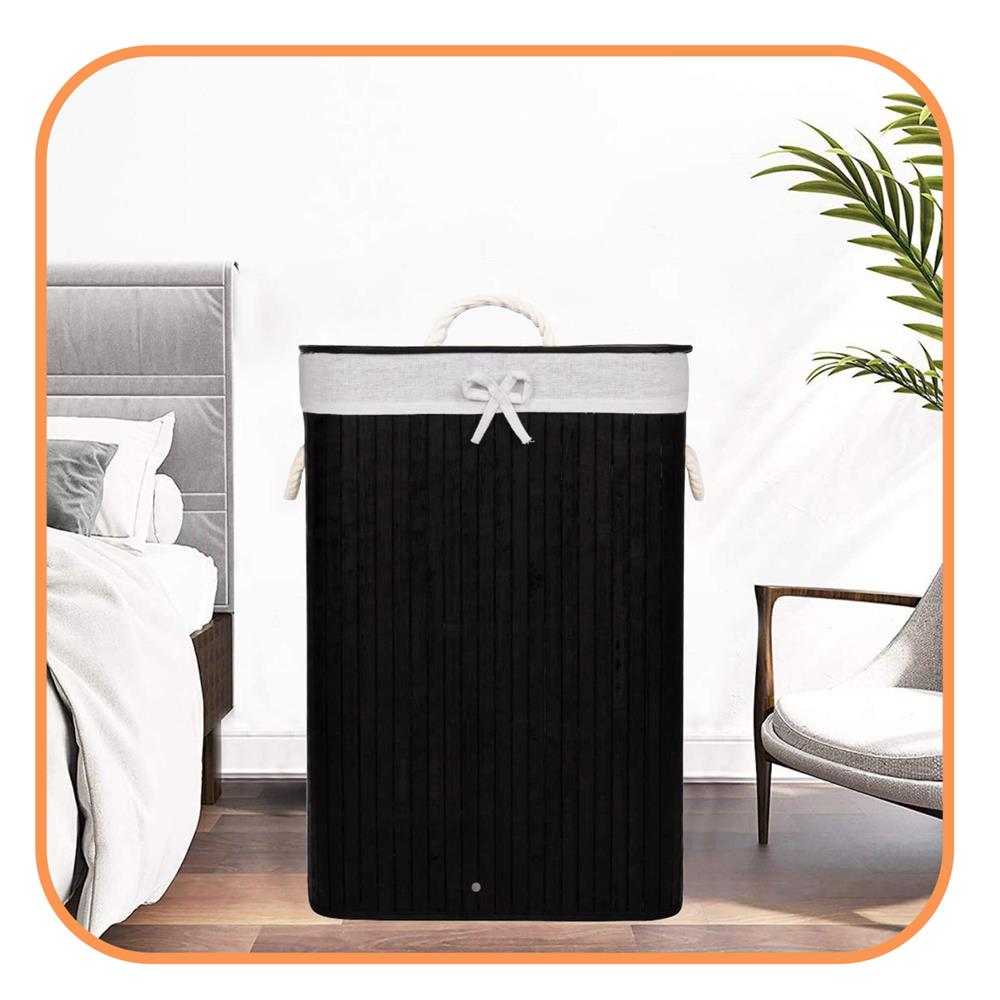 Cos de rufe cu capac, din bambus cu sac textil detasabil, 72 litri, 40x30x60 cm, negru