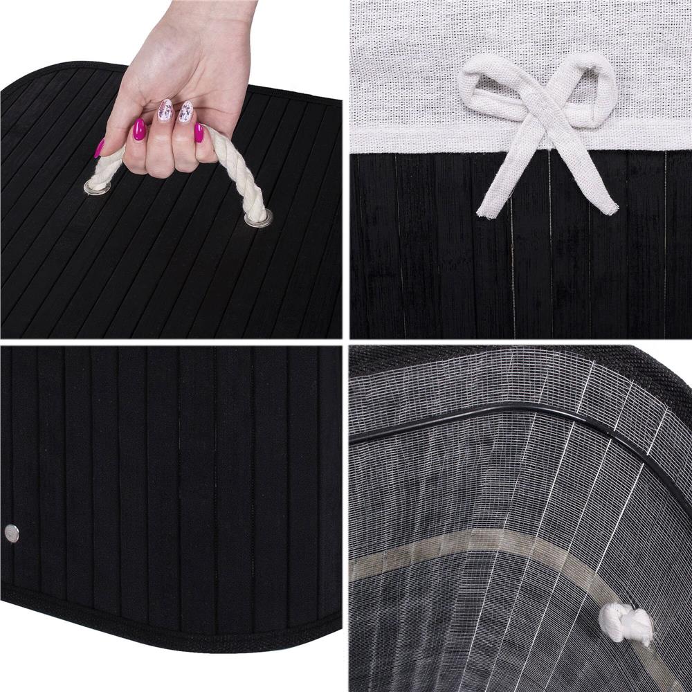 Cos de rufe cu capac, din bambus cu sac textil detasabil, 72 litri, 40x30x60 cm, negru