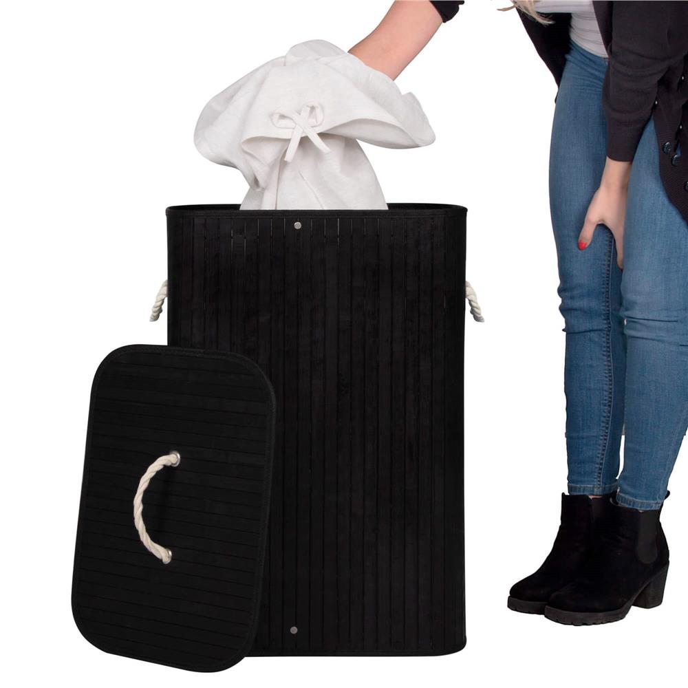 Cos de rufe cu capac, din bambus cu sac textil detasabil, 72 litri, 40x30x60 cm, negru