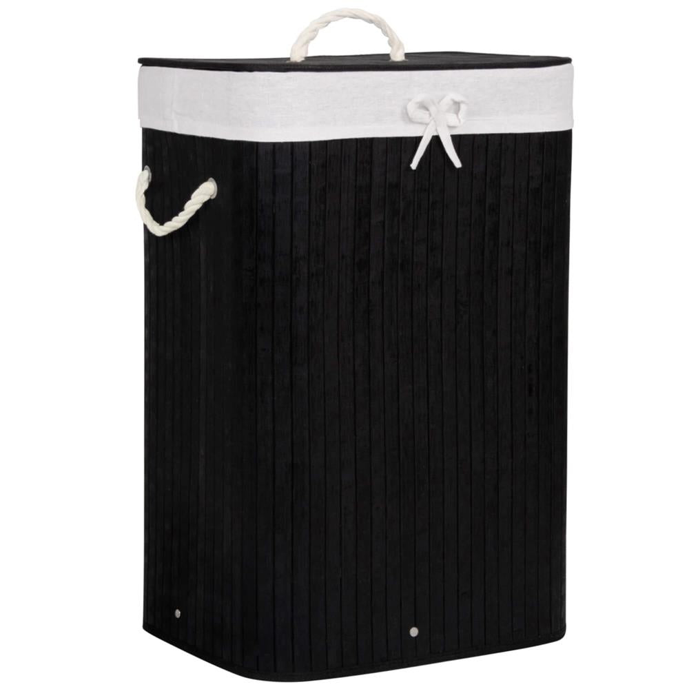 Cos de rufe cu capac, din bambus cu sac textil detasabil, 72 litri, 40x30x60 cm, negru