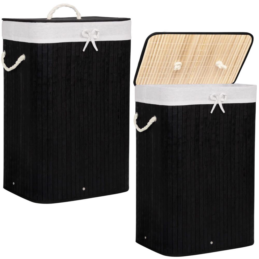 Cos de rufe cu capac, din bambus cu sac textil detasabil, 72 litri, 40x30x60 cm, negru