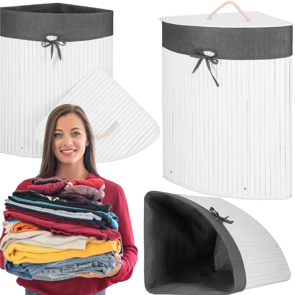 Cos de rufe triunghiular pentru colt cu capac, bambus si sac textil detasabil, 60 litri, 55x35x60 cm, alb si gri