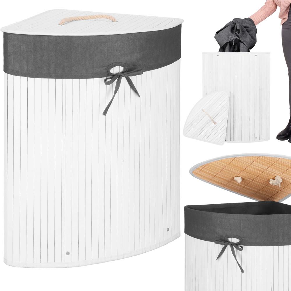 Cos de rufe triunghiular pentru colt cu capac, bambus si sac textil detasabil, 60 litri, 55x35x60 cm, alb si gri