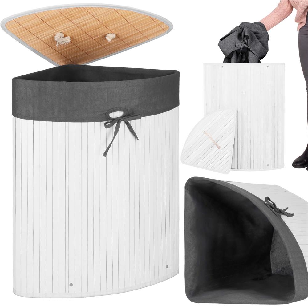 Cos de rufe triunghiular pentru colt cu capac, bambus si sac textil detasabil, 60 litri, 55x35x60 cm, alb si gri