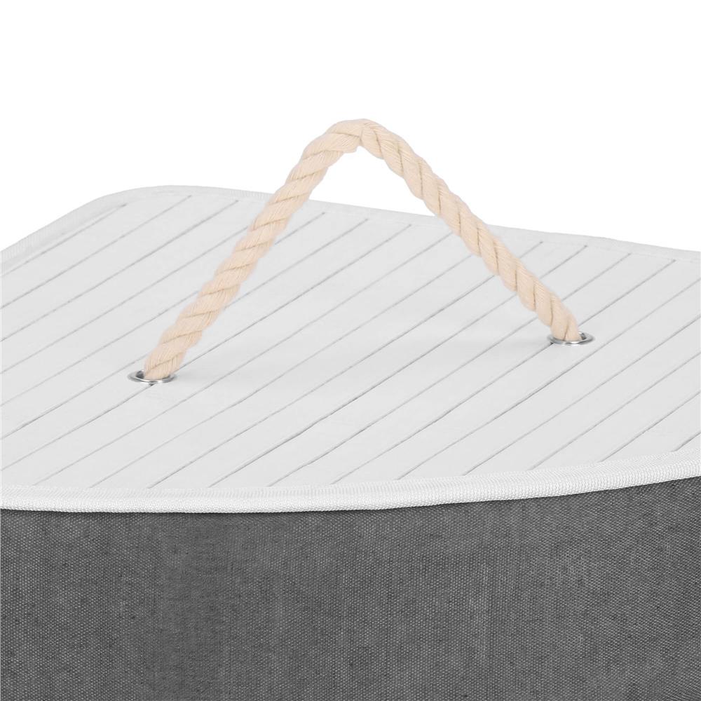 Cos de rufe triunghiular pentru colt cu capac, bambus si sac textil detasabil, 60 litri, 55x35x60 cm, alb si gri