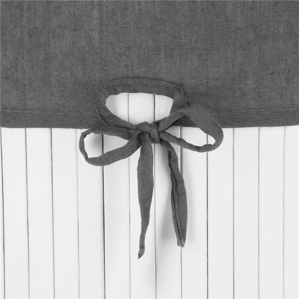 Cos de rufe triunghiular pentru colt cu capac, bambus si sac textil detasabil, 60 litri, 55x35x60 cm, alb si gri