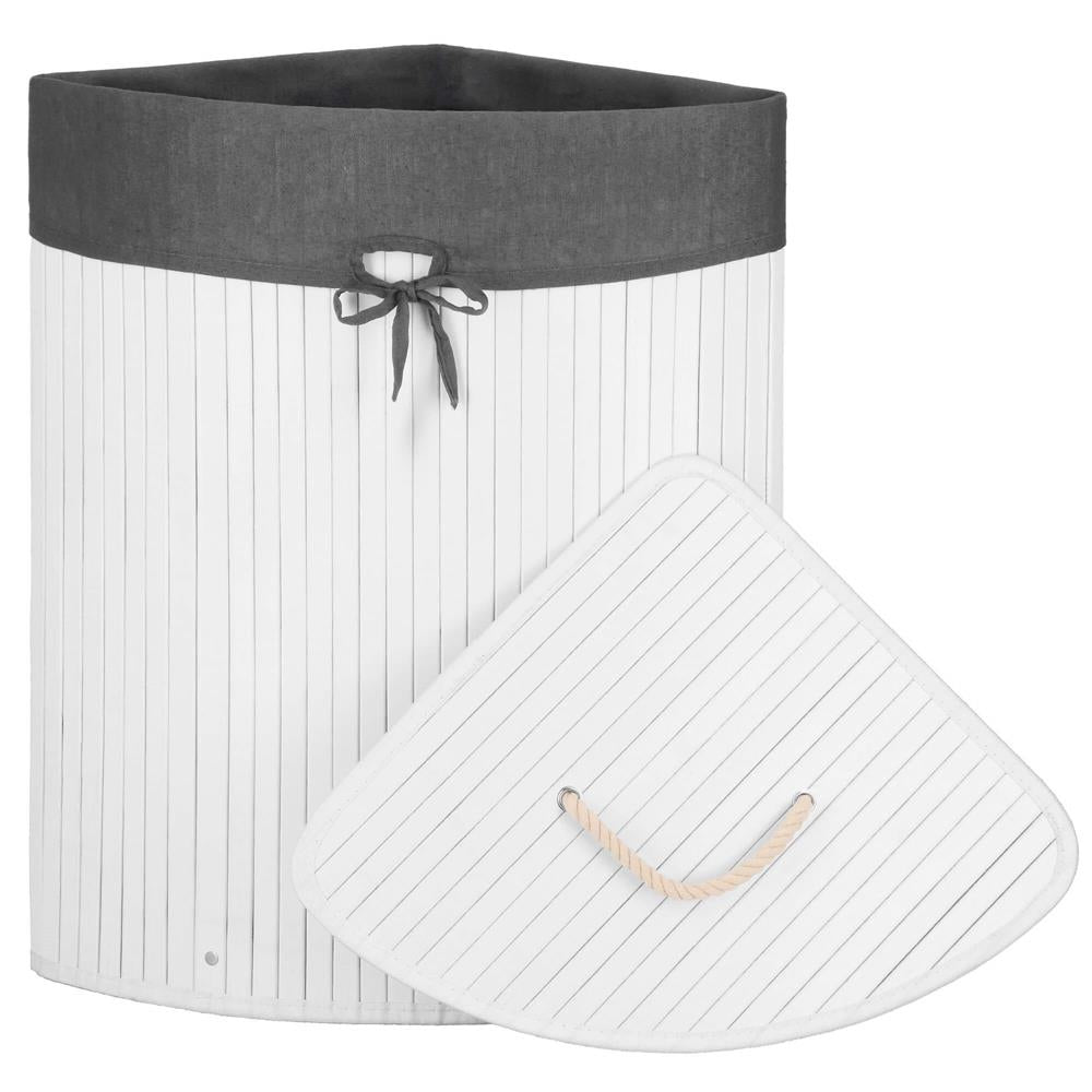 Cos de rufe triunghiular pentru colt cu capac, bambus si sac textil detasabil, 60 litri, 55x35x60 cm, alb si gri
