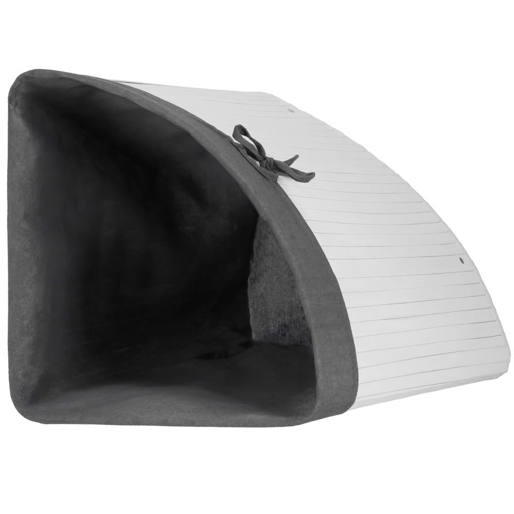 Cos de rufe triunghiular pentru colt cu capac, bambus si sac textil detasabil, 60 litri, 55x35x60 cm, alb si gri