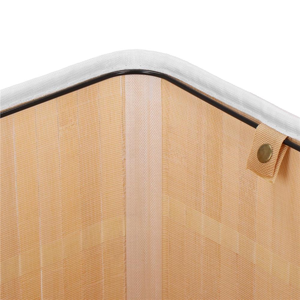 Cos de rufe triunghiular pentru colt cu capac, bambus si sac textil detasabil, 60 litri, 55x35x60 cm, alb si gri