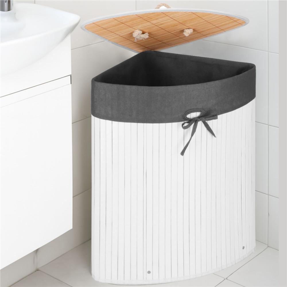 Cos de rufe triunghiular pentru colt cu capac, bambus si sac textil detasabil, 60 litri, 55x35x60 cm, alb si gri