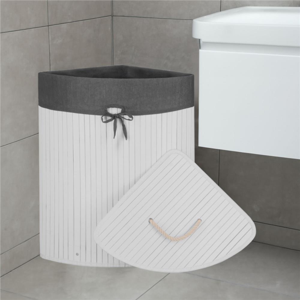Cos de rufe triunghiular pentru colt cu capac, bambus si sac textil detasabil, 60 litri, 55x35x60 cm, alb si gri