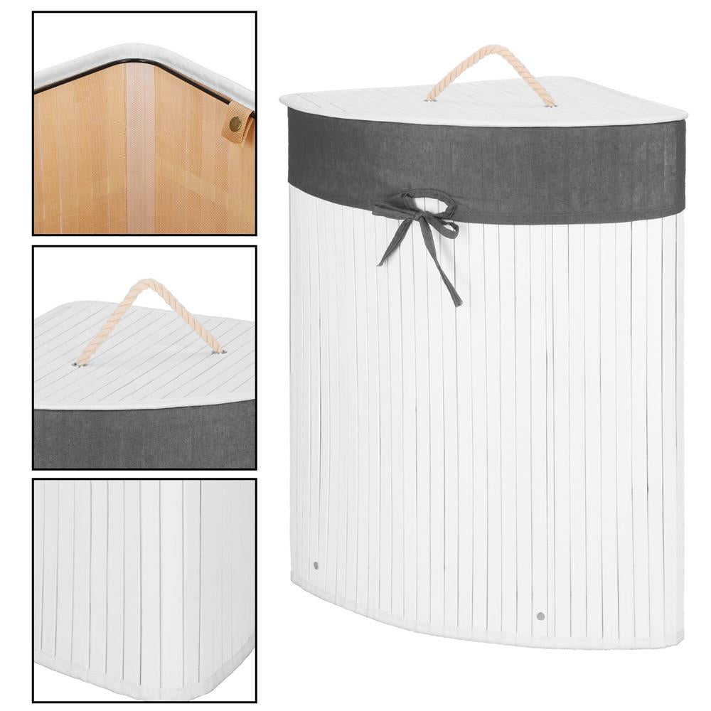 Cos de rufe triunghiular pentru colt cu capac, bambus si sac textil detasabil, 60 litri, 55x35x60 cm, alb si gri
