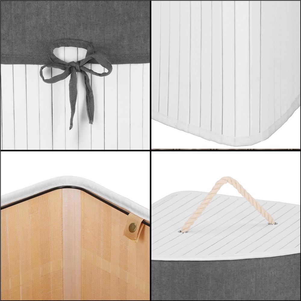 Cos de rufe triunghiular pentru colt cu capac, bambus si sac textil detasabil, 60 litri, 55x35x60 cm, alb si gri
