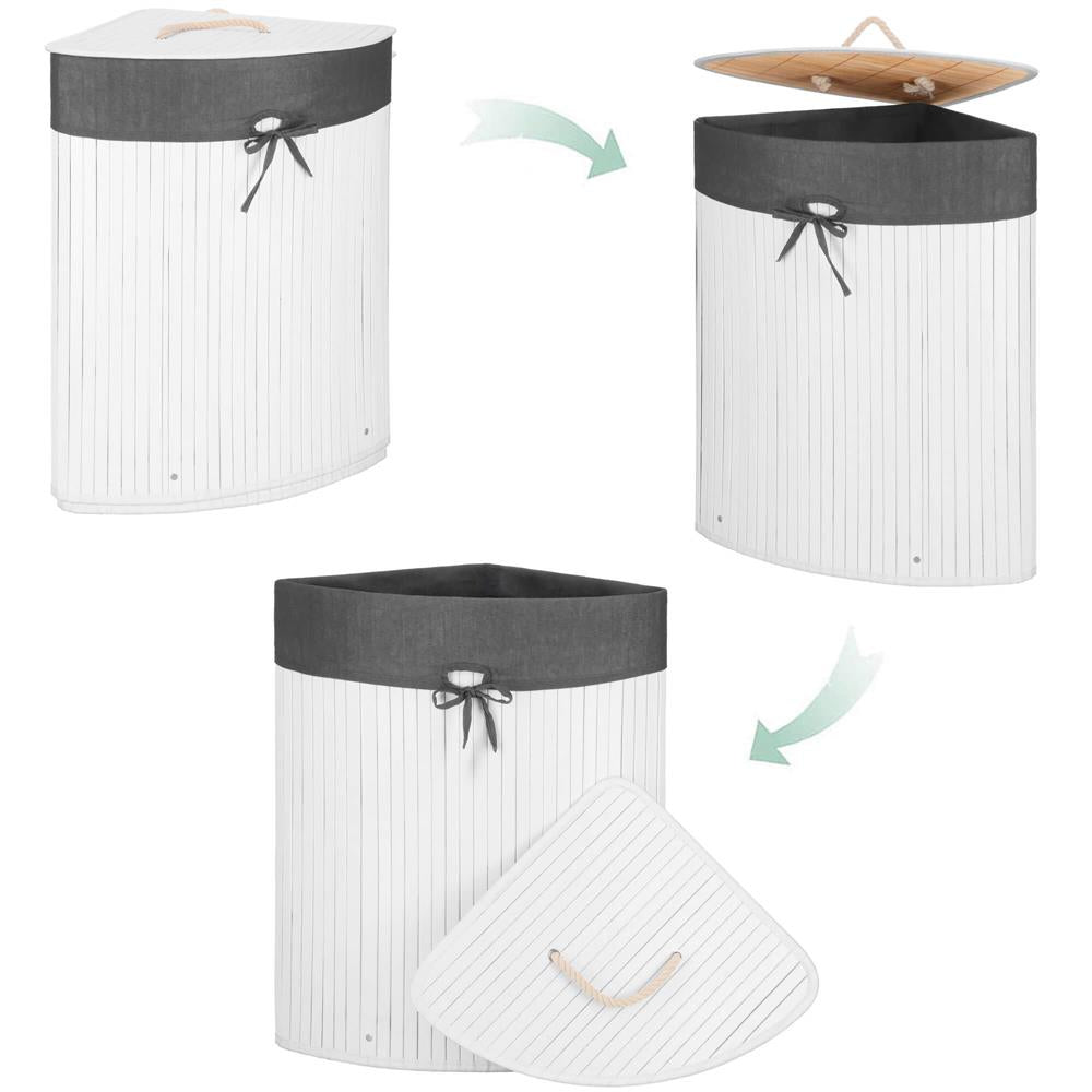 Cos de rufe triunghiular pentru colt cu capac, bambus si sac textil detasabil, 60 litri, 55x35x60 cm, alb si gri