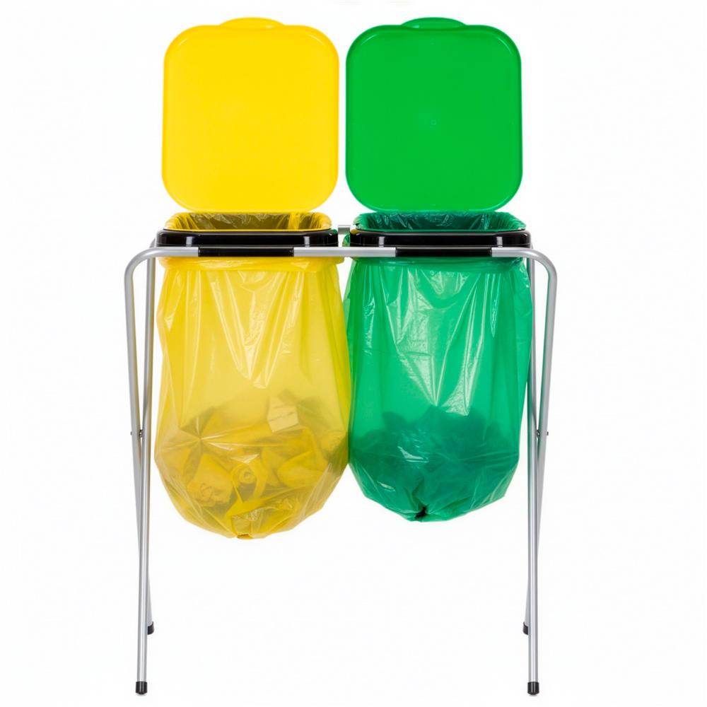 Cos de gunoi selectiv cu 2 compartimente, cadru metalic si capace PP, 68x42x75 cm