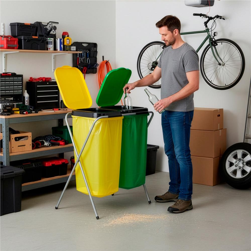 Cos de gunoi selectiv cu 2 compartimente, cadru metalic si capace PP, 68x42x75 cm