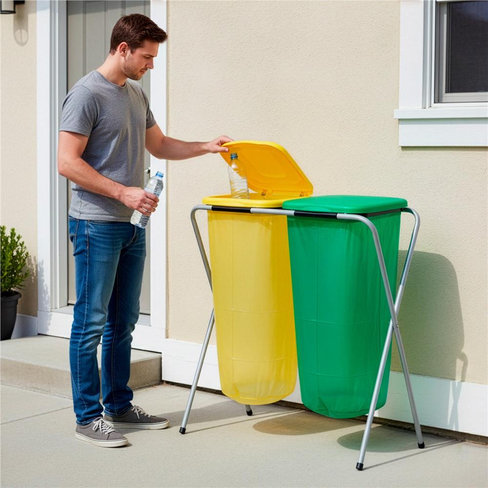 Cos de gunoi selectiv cu 2 compartimente, cadru metalic si capace PP, 68x42x75 cm