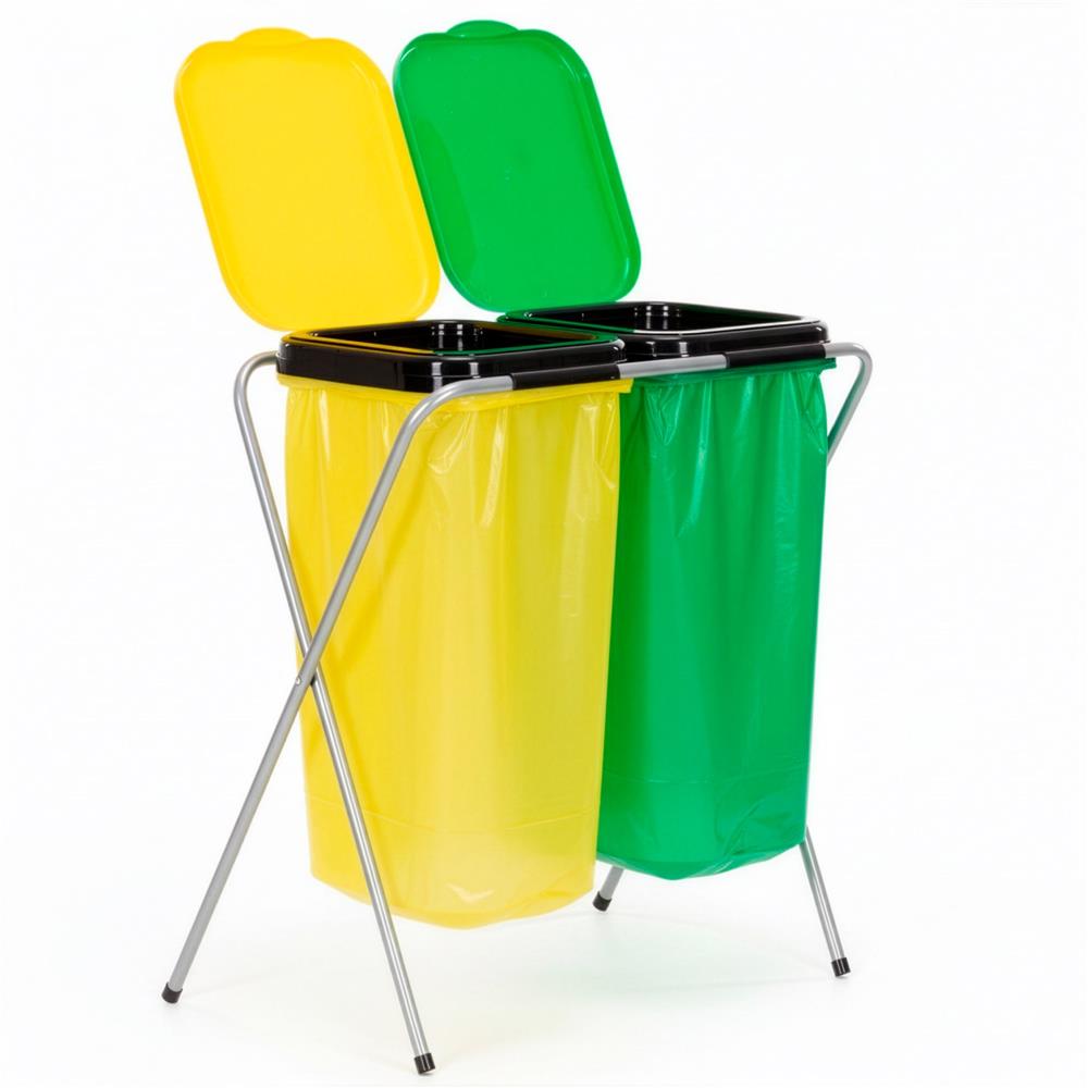 Cos de gunoi selectiv cu 2 compartimente, cadru metalic si capace PP, 68x42x75 cm