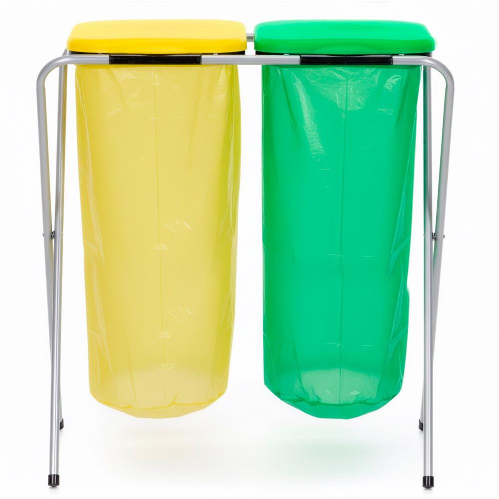 Cos de gunoi selectiv cu 2 compartimente, cadru metalic si capace PP, 68x42x75 cm