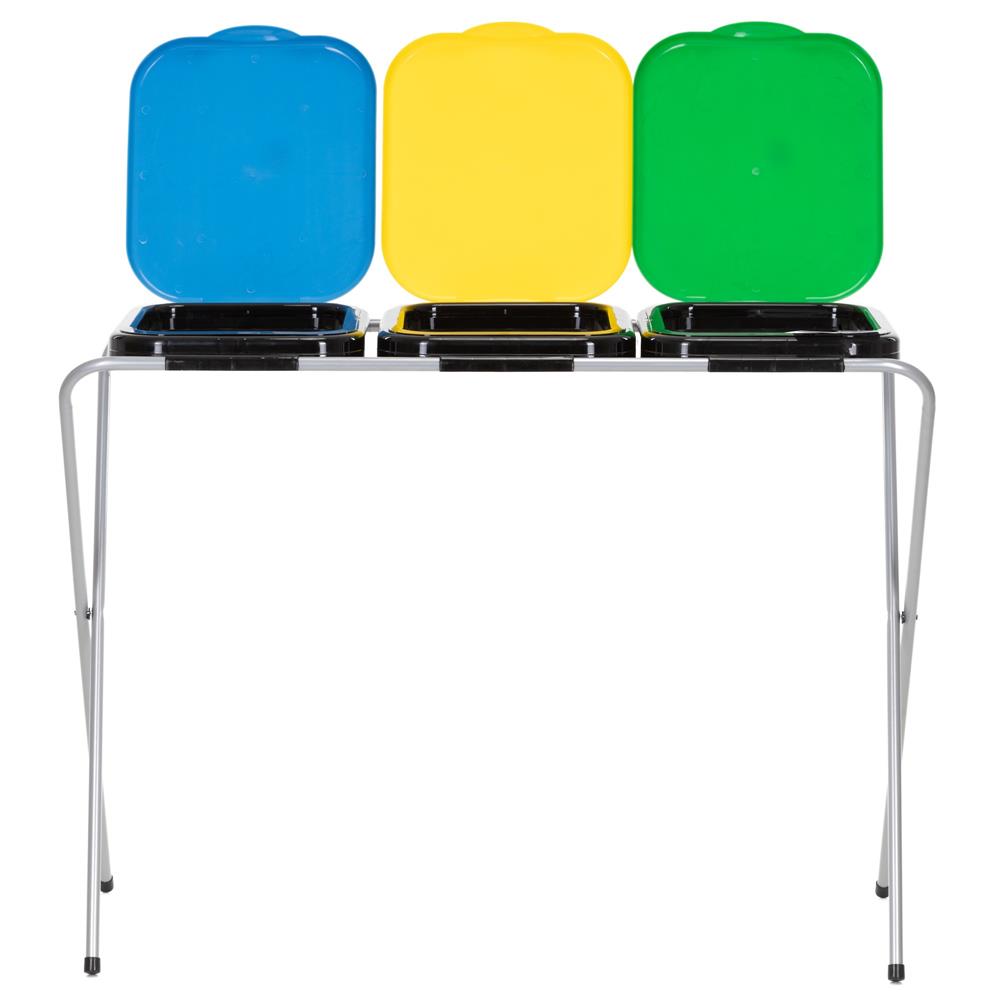Cos de gunoi selectiv cu 3 compartimente, cadru metalic si capace PP, 98x42x74 cm