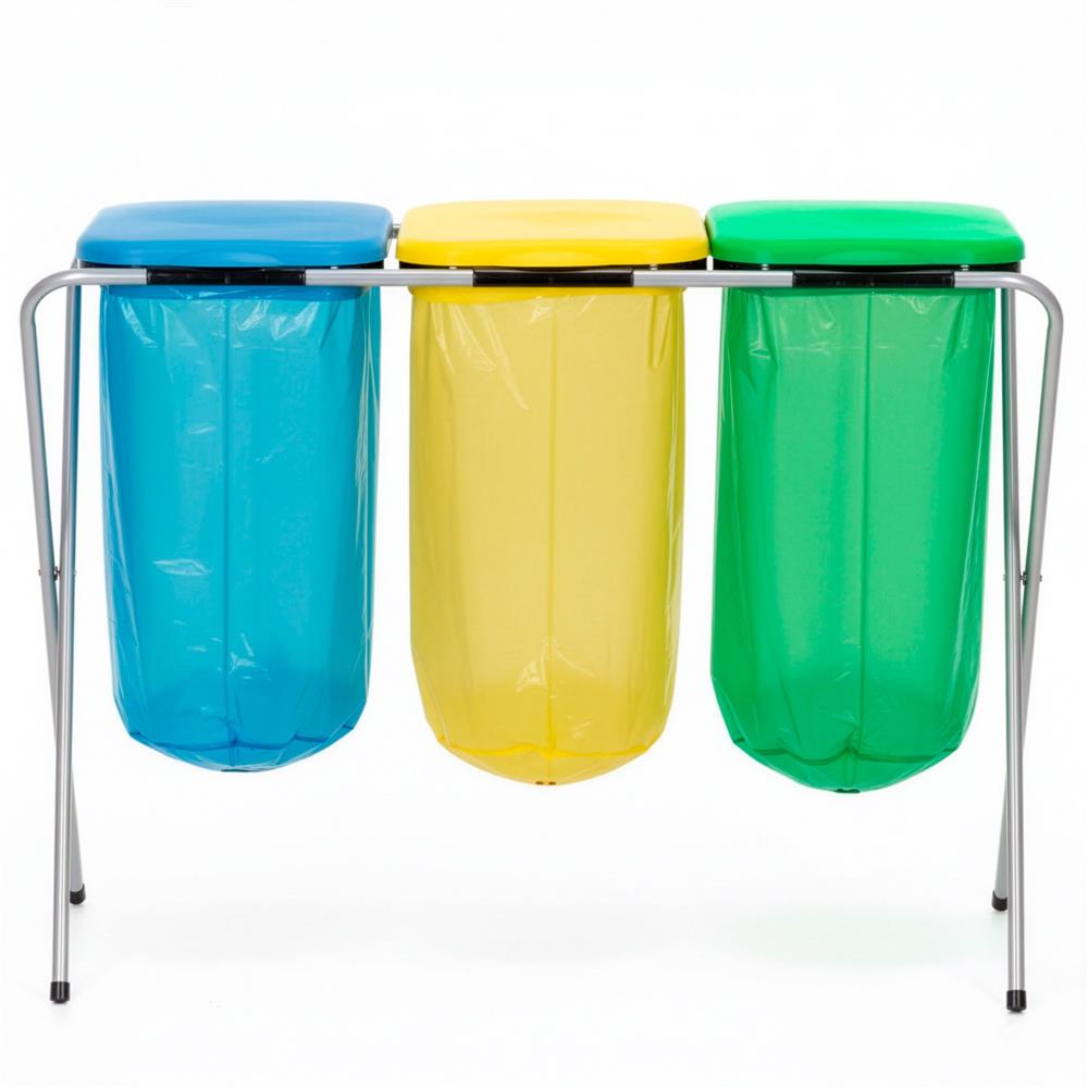 Cos de gunoi selectiv cu 3 compartimente, cadru metalic si capace PP, 98x42x74 cm