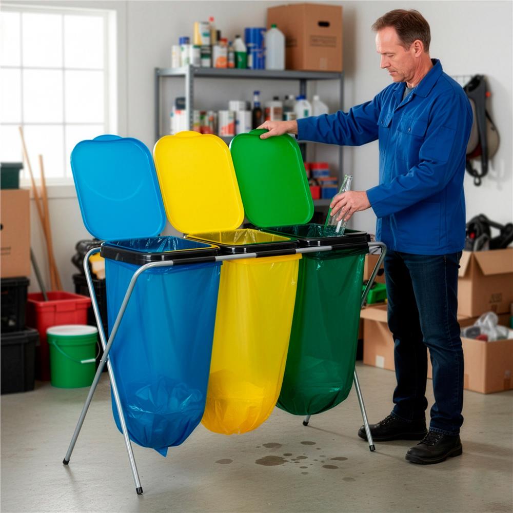 Cos de gunoi selectiv cu 3 compartimente, cadru metalic si capace PP, 98x42x74 cm