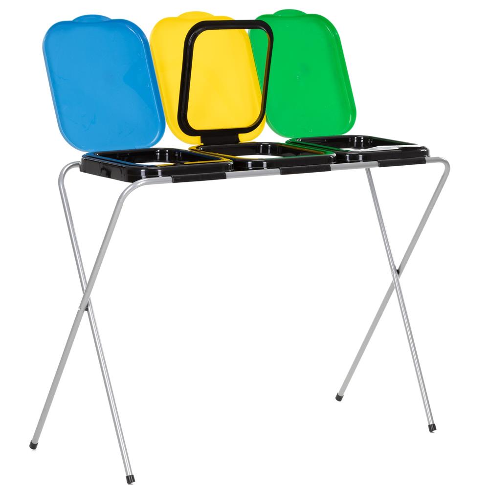 Cos de gunoi selectiv cu 3 compartimente, cadru metalic si capace PP, 98x42x74 cm
