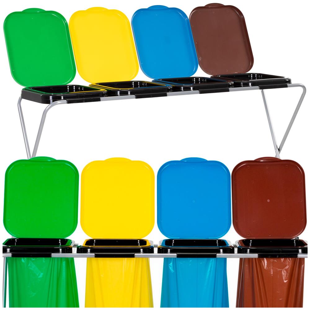 Cos de gunoi selectiv cu 4 compartimente, cadru metalic si capace PP, 128x42x74 cm