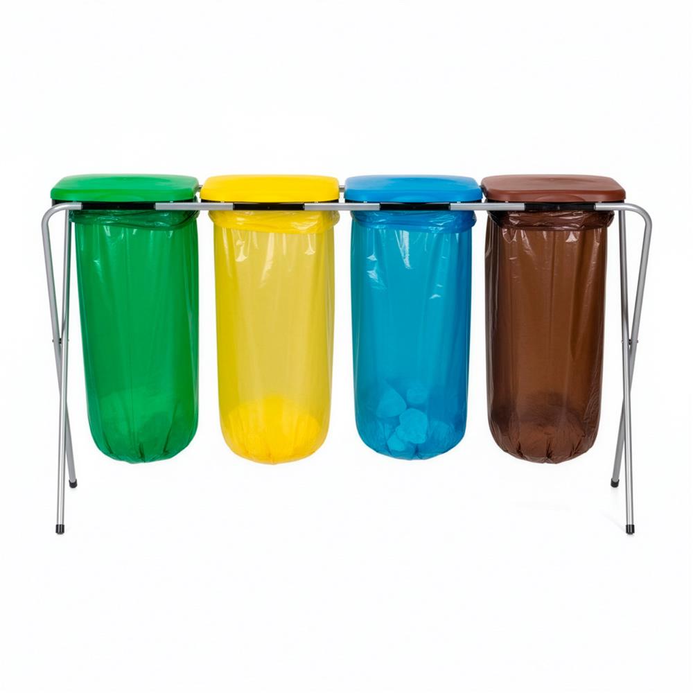 Cos de gunoi selectiv cu 4 compartimente, cadru metalic si capace PP, 128x42x74 cm
